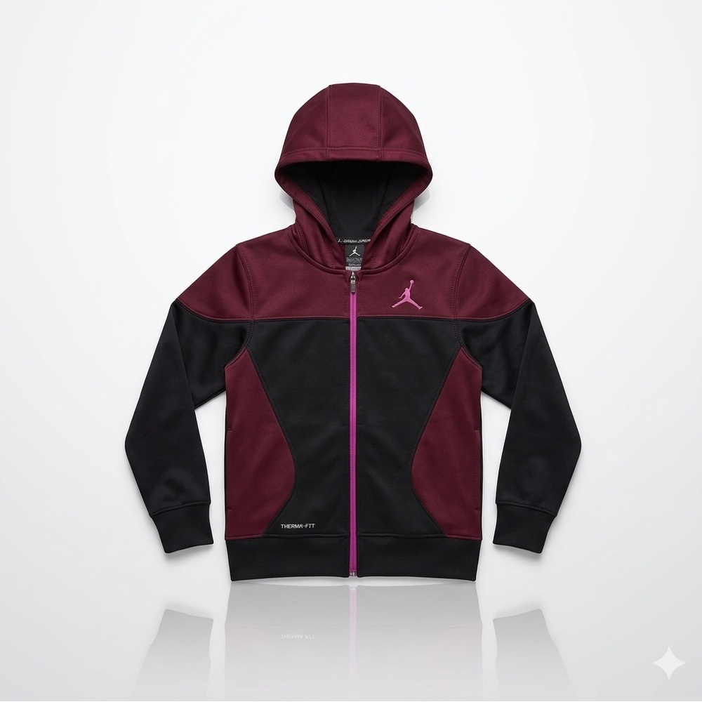 Jordan Girls Medium Therma-FIT Full Zip Hoodie Burgundy Black Colorblock Pink